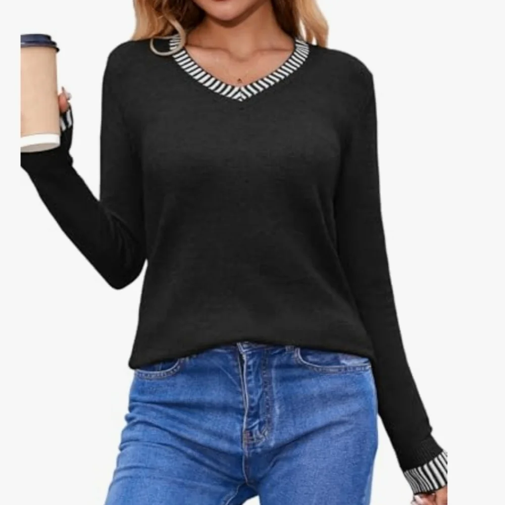 Black Long Sleeve Lightweight V-Neck Sweater with Striped Trim - NIP